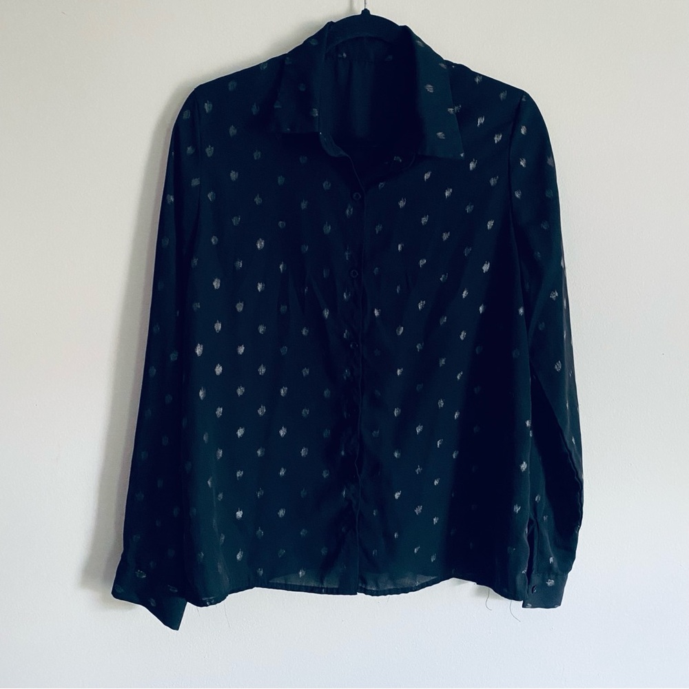 SHEIN Women's Black & Gold Polka Dot Long Sleeve Button Up Shirt Top Size Large